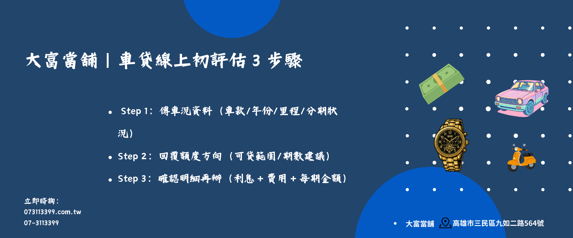 大富當舖 | 車貸線上初評估3步驟